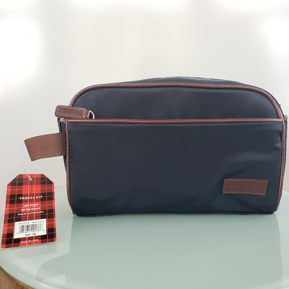 PERRY ELLIS Travel Bag Dopp Kit Navy Blue & Tan